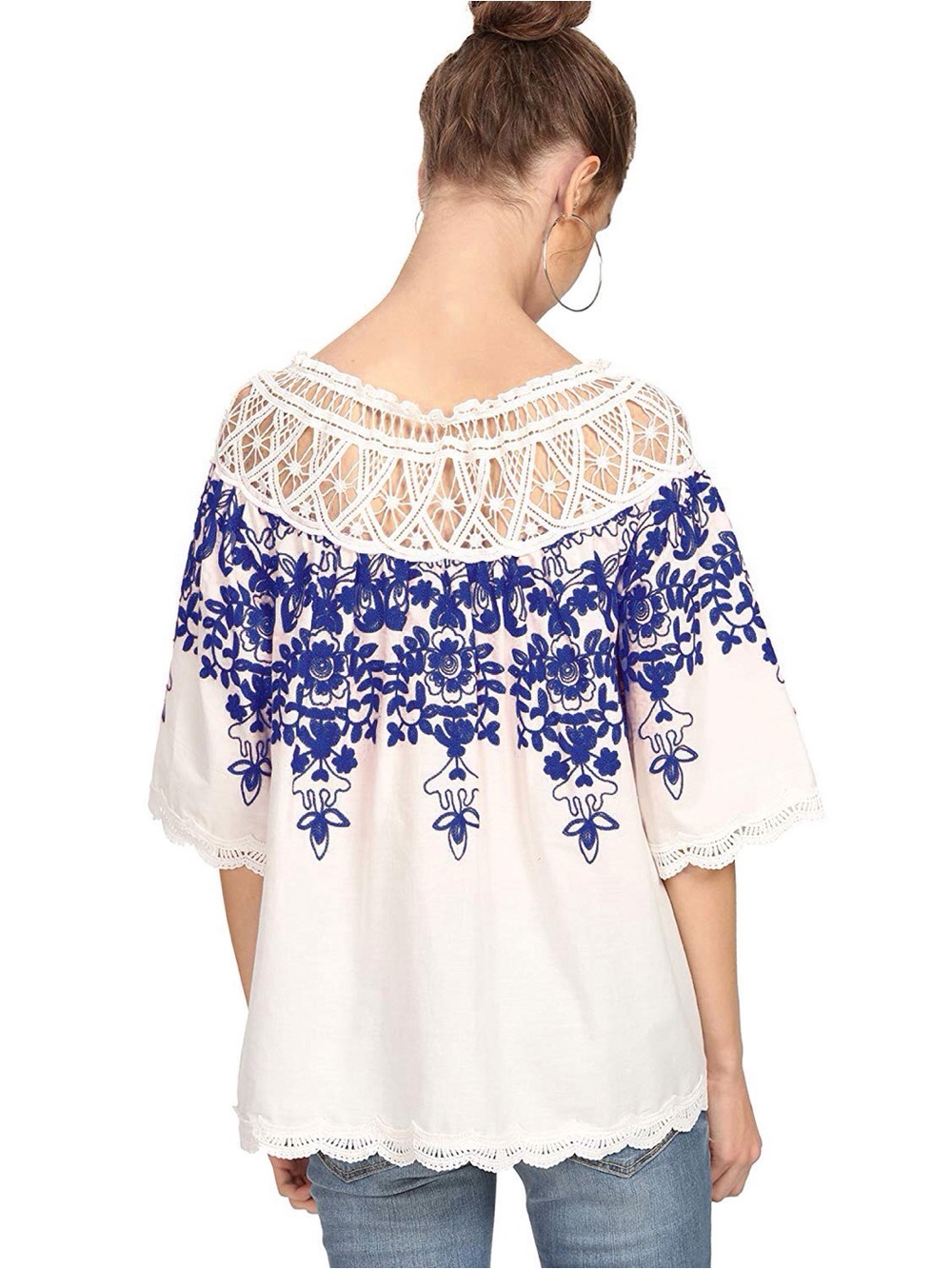 White Crochet Yoke Peasant Top with Blue Floral Embroidery - Sz. M - NWOT - Picture 2 of 9